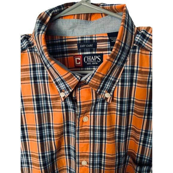 Chaps Men’s XXL Orange Navy Plaid Button-Down Shirt Short Sleeve Easy Care - Picture 5 of 9